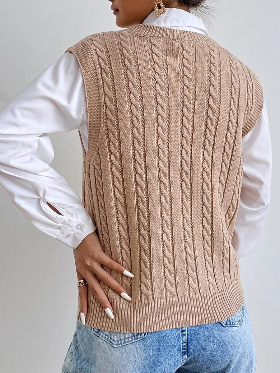 Women's Sweater Vest V Neck Ribbed Cable Knit Acrylic Patchwork Fall Winter Outdoor Daily Going out Stylish Casual Soft Sleeveless Solid Color Maillard Black Khaki S M L 2023 - US $27.99 –P2