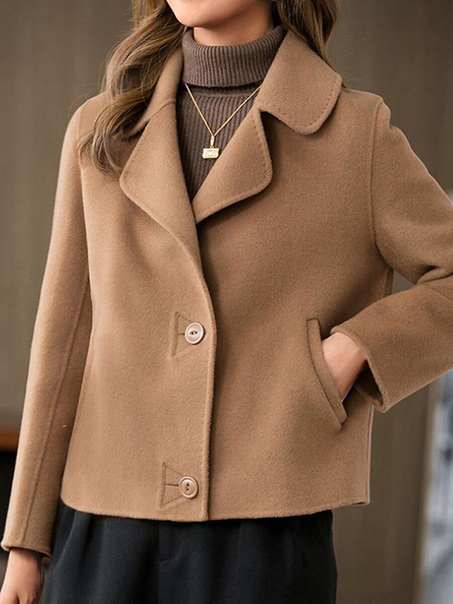 Women's Coat Winter Short Coat Fall Warm Notch Lapel Wool Coat Windproof Pea Coat with Pockets Loose Fit Modern Style Casual Trendy Jacket Long Sleeve Plain Camel Brown Coffee 2023 - US $31.99 –P6