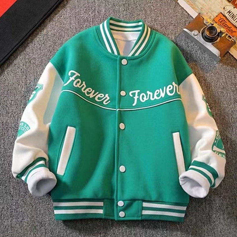 Barn Pojkar Baseballjackor Ytterkläder Färgblock Bokstav Rand Långärmad Ficka Täcka Skola Sport Mode Streetwear Svart Grön Höst Vinter 7-13 år 2025 - $22.99 –P9