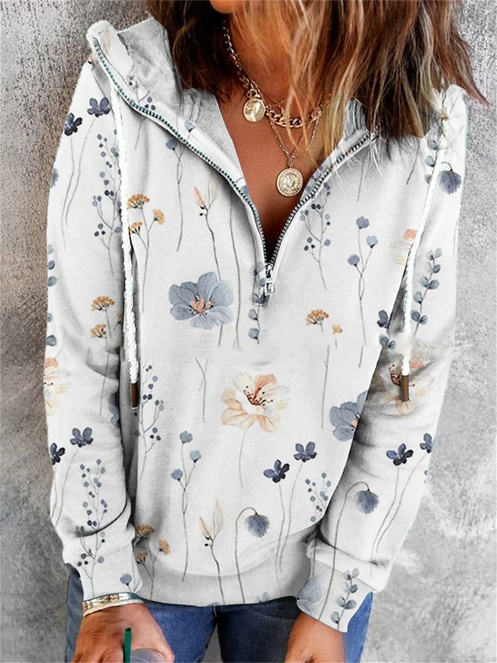 felpa con cappuccio da donna con cerniera felpa con cappuccio pullover floreale strada casual cerniera a un quarto vintage basic felpa con cappuccio manica lunga micro-elastico autunno&amp;tessuto del 2025 a $7.99 –P4
