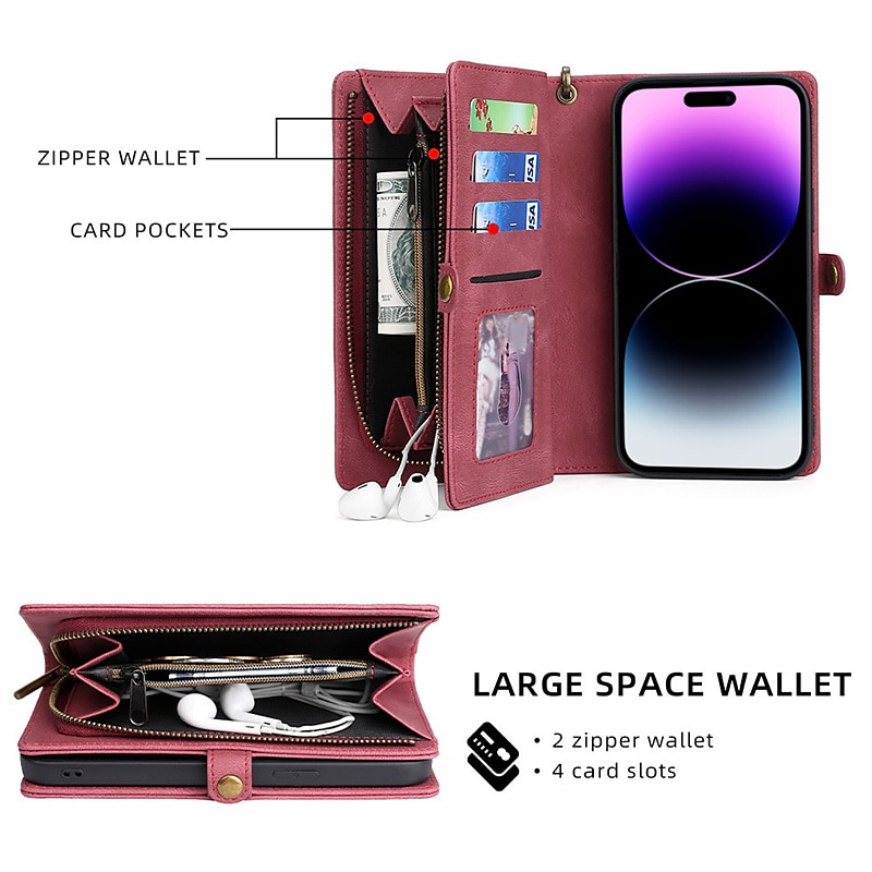 Phone Case For iPhone 15 Pro Max Plus iPhone 15 Pro Max 14 Plus 13 12 11 Pro Max Wallet Case Magnetic Zipper with Lanyard Solid Color TPU PC PU Leather 2025 - $34.99 –P7