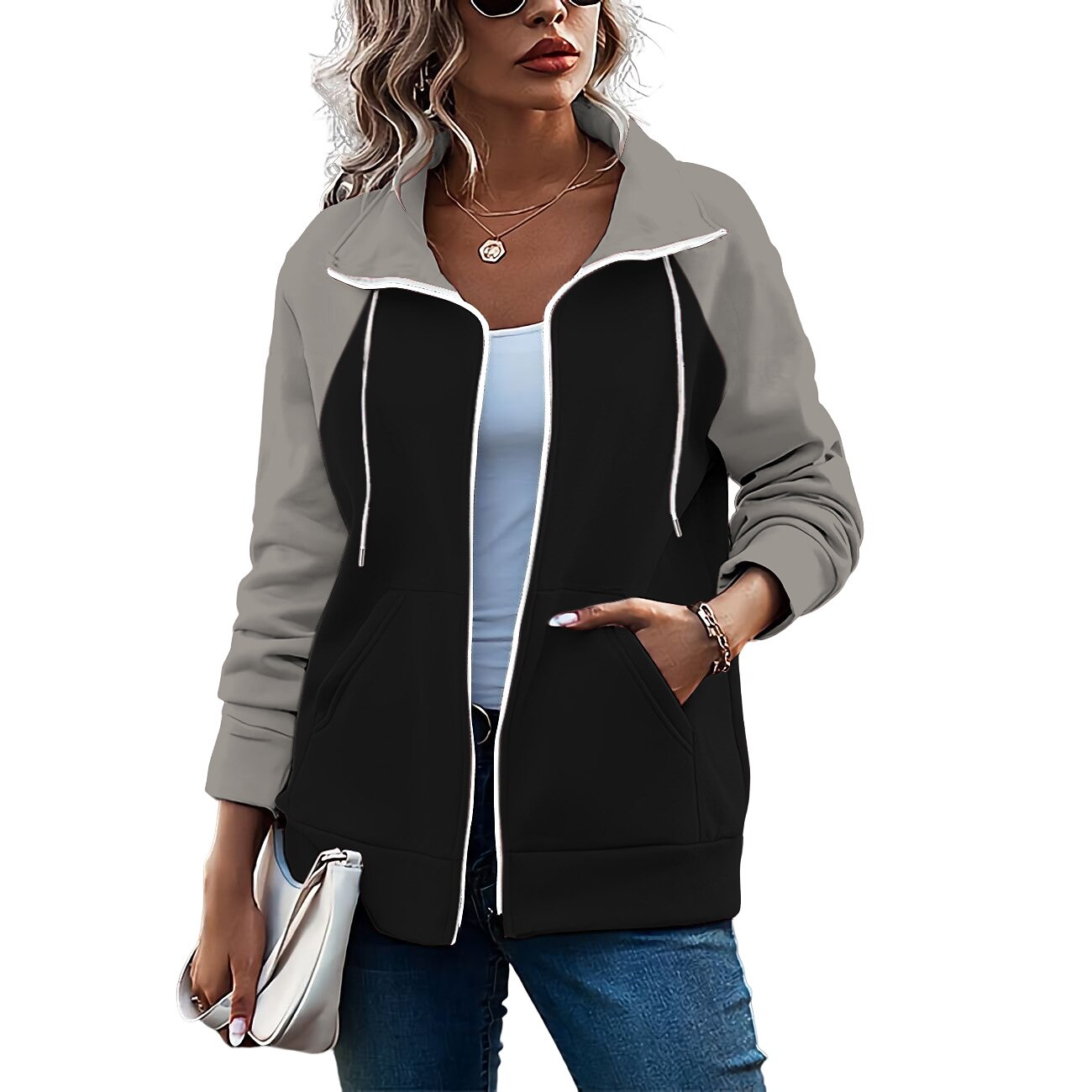 Damen Farbblock Basic Langarm Kapuzenpullover Normale Oberteile Strasse Casual Reißverschluss Vordertasche Weiß Rosa Rote Grün Armeegrün Herbst Winter 2025 - $20.99 –P10