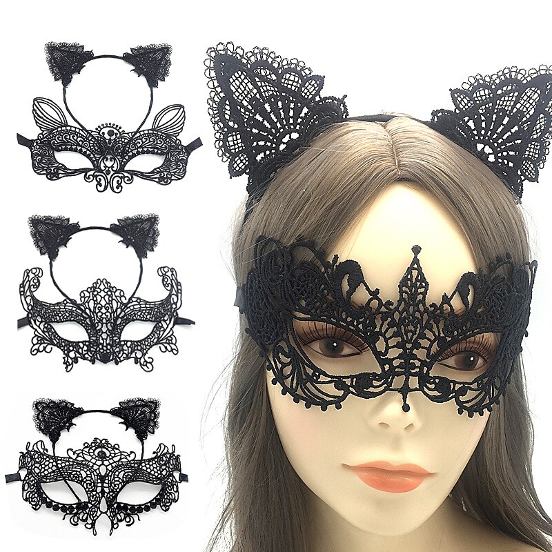 maschera mascherata in pizzo per donna, maschera mascherata nera per donna maschera per gatti fascia per orecchie di gatto con girocollo a cuore del 2025 a $9.49 –P1