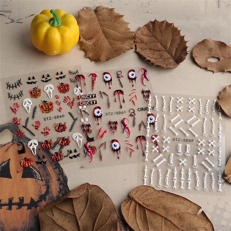 halloween dekorativní nálepka na nehty lebka hlava pavouk kost dýně reliéfní nálepka na nehty halloween dekorace kostry 2025 - $9.99 –P2