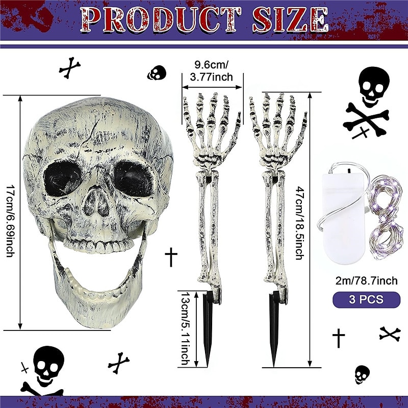 3 pack realistisch uitziende skelet staken kerkhof tuin gazon staken halloween skelet oplichten halloween decoraties skelet handen hoofd tuin paal met lichtsnoeren voor tuin warm wit / paars 2026 - $30.99 –P17