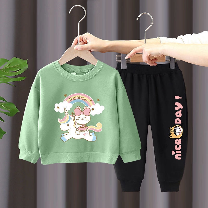 2 Stück Kinder Mädchen Regenbogen Rundhalsausschnitt Hoodie- und Jogginghosen-Set einstellen Langarm Aktiv Outdoor Baumwolle 3-7 Jahre Frühling Schwarzer Einhornpullover + schöne schwarze Hose 2025 - $16.99 –P6
