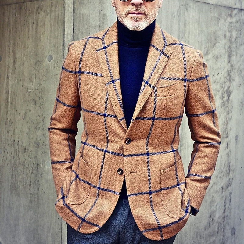 Herr Kavajjacka Företag Kvällsfest Dagliga kläder Ficka Höst Vinter Polyester Rutig Artistisk Stil Varm Enkelknäppt med Två Knapphål Blazer Svart Brun Grön 2025 - $54.99 –P1