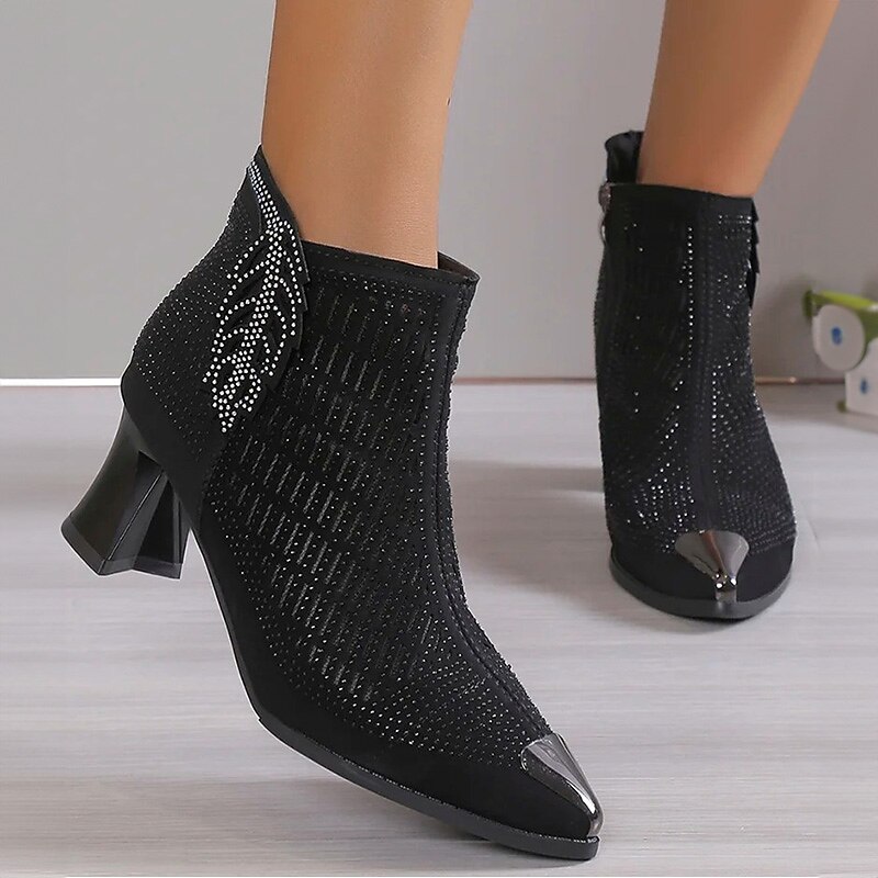 Women's Heels Boots Dress Shoes Sexy Shoes Party Club Cut-out Booties Ankle Boots Summer Rhinestone Zipper Chunky Heel Pointed Toe Business Sexy Glitter Mesh Zipper Black Grey 2023 - AED 193 –P2