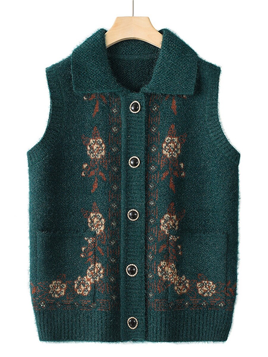 Women's Sweater Vest Shirt Collar Ribbed Knit Polyester Button Pocket Fall Winter Outdoor Daily Holiday Stylish Casual Soft Sleeveless Floral claret caramel colour Navy Blue 3XL reference 125-140 2023 - US $25.99 –P6