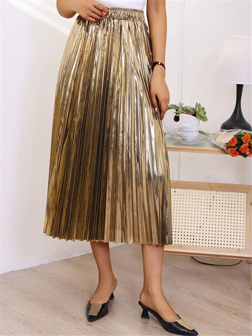 Per donna Altalena a dondolo Gonna lunga Medio Gonne A pieghe Metallizzato Lungo Tinta unita Scintillante Halloween Strada Per tutte le stagioni Poliestere Di tendenza Brillante Argento Nero Oro Oro del 2025 a $28.99 –P3