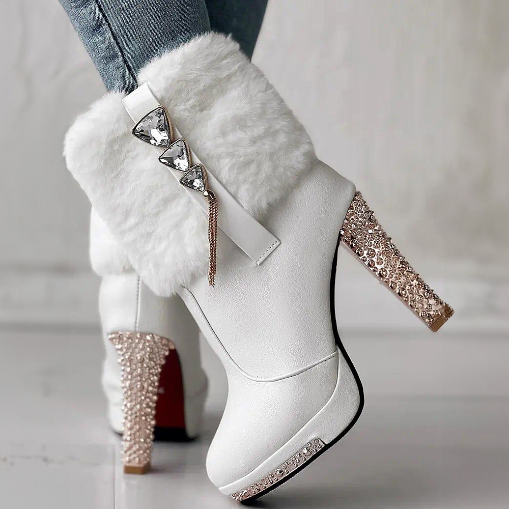 Women's White Ankle Boots with Faux Fur and Rhinestone Embellished Heels - Elegant High Heel Winter Footwear for Parties and Special Events 2025 - $54.99 –P3