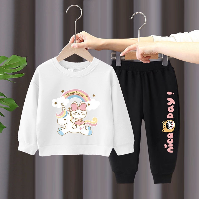 2 Stück Kinder Mädchen Regenbogen Rundhalsausschnitt Hoodie- und Jogginghosen-Set einstellen Langarm Aktiv Outdoor Baumwolle 3-7 Jahre Frühling Schwarzer Einhornpullover + schöne schwarze Hose 2025 - $16.99 –P14