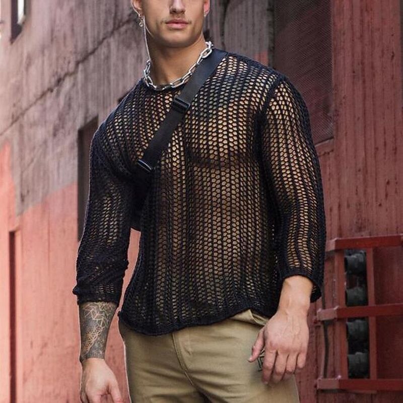 Herren T Shirt T-Shirt Langarm Rundhalsausschnitt Sommer Einfach Mode Designer Basic Loch Urlaub Straße Ausgehen Schwarz Weiß Top T-Shirt für Herren 2025 - $25.99 –P3