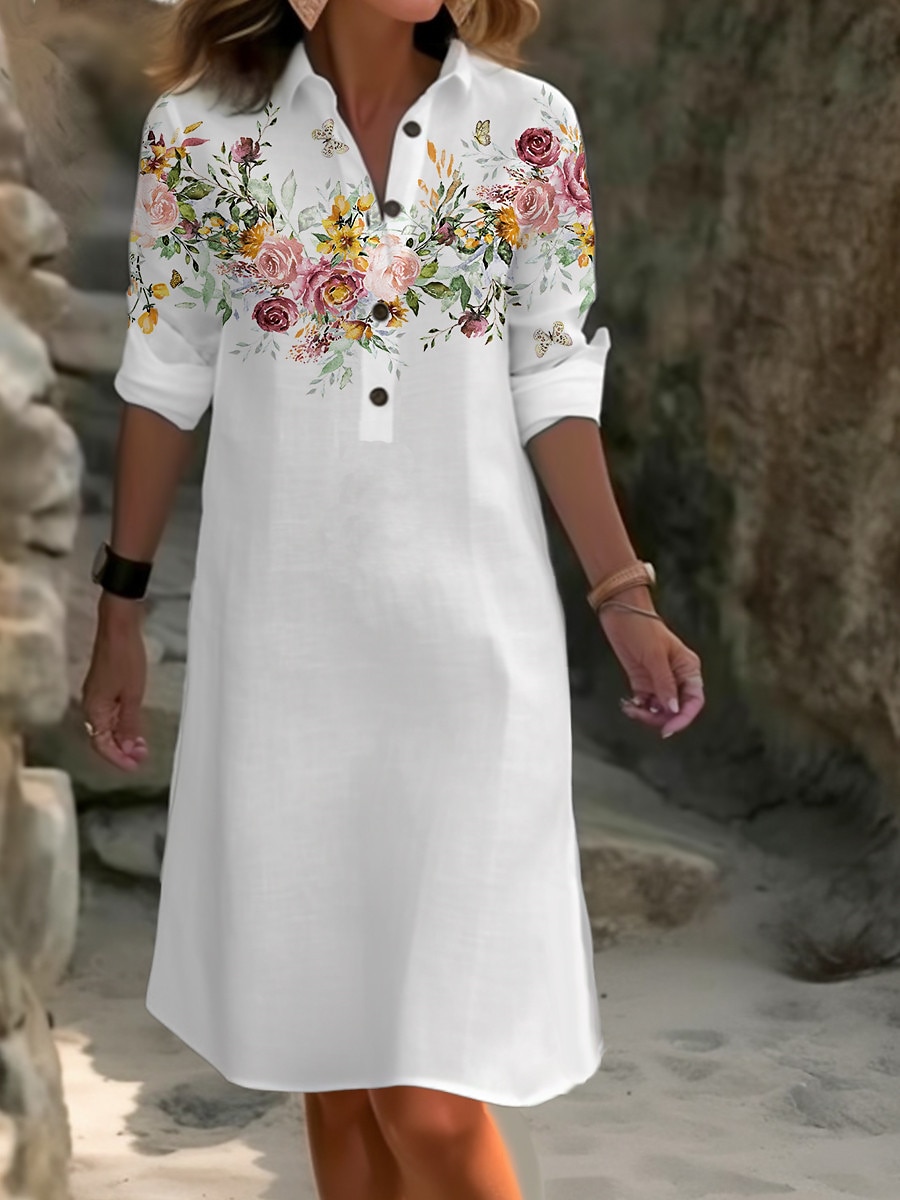 Damskie Sukienka midi Sukienki z bawełny i lnu Sukienka koszulowa Codzienne sukienki Moda Codzienne Nowoczesny Na zewnątrz Urlop Codzienny Luźna Kwiaty Długi rękaw Kołnierzyk koszuli Biały Granatowy 2025 - $32.99 –P5