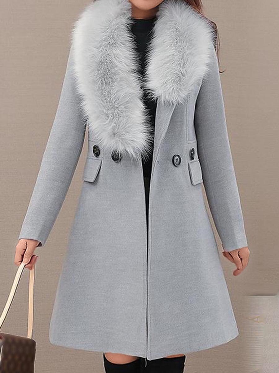 Elegant Fur Collar Double Breasted Long Coat