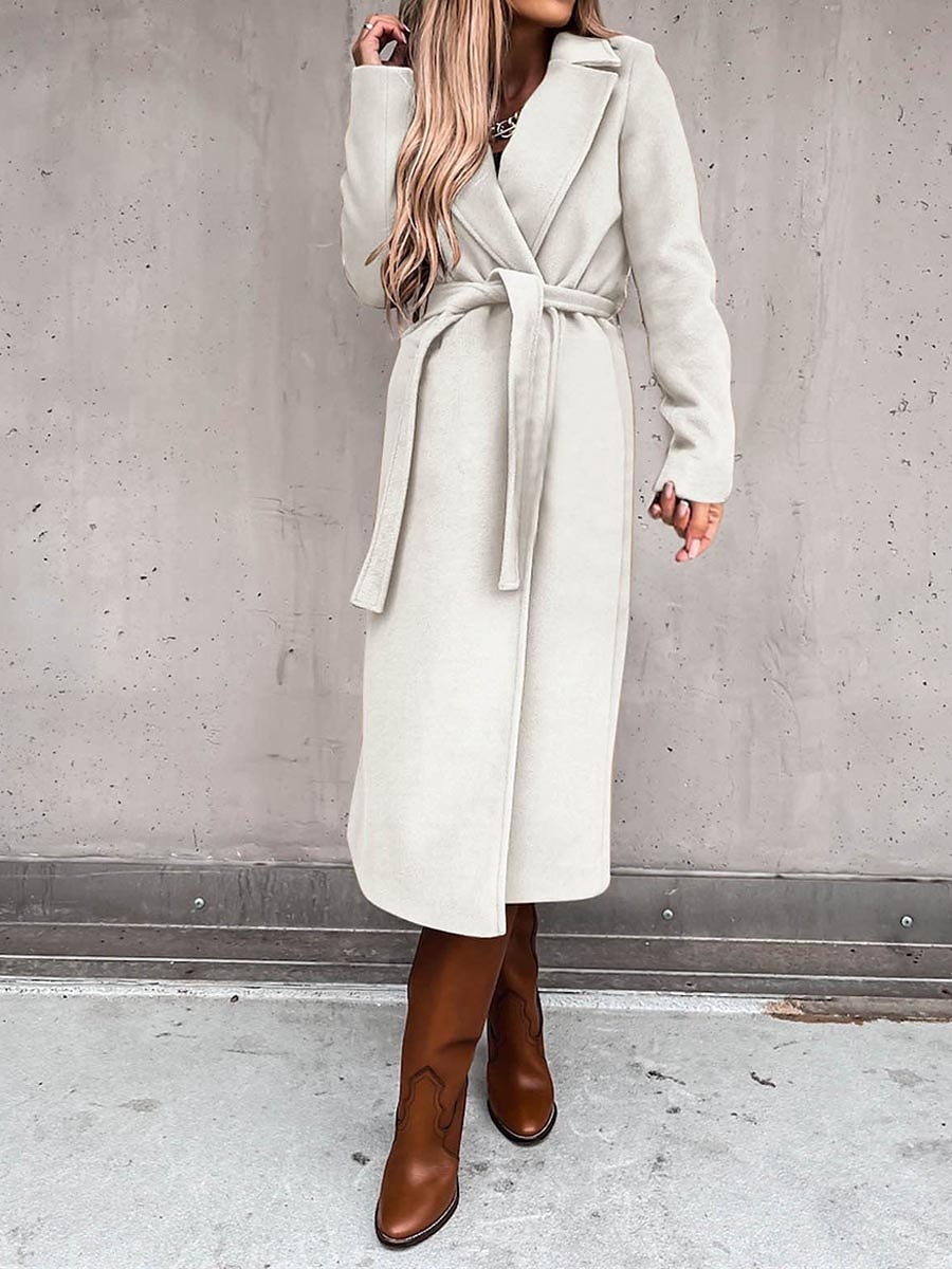 Women's Winter Coat Long Overcoat with Belt Fall Lapel Pea Coat with Pockets Trench Coat Fashion Street Wear Formal Jacket Long Sleeve  Black White Yellow 2023 - US $36.99 –P14