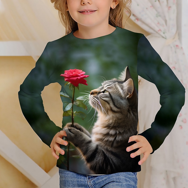Girls' 3D Graphic Cartoon Cat T shirt Tee Long Sleeve 3D Print Summer Fall Active Fashion Cute Kids 3-12 Years Outdoor Casual Daily Regular Fit 2025 - $13.99 –P3
