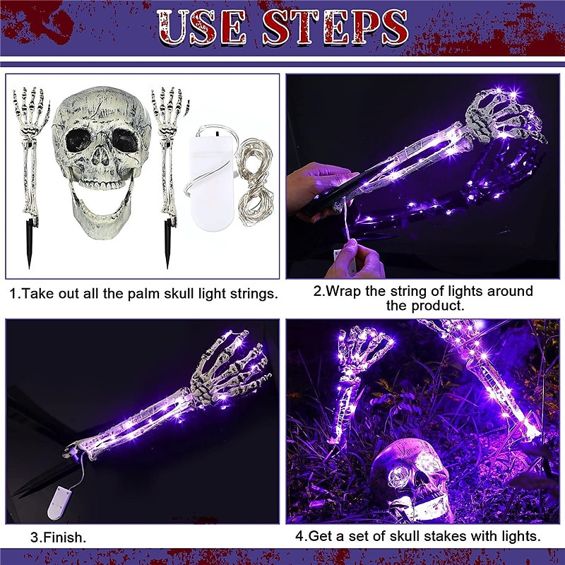 3 pack realistisch uitziende skelet staken kerkhof tuin gazon staken halloween skelet oplichten halloween decoraties skelet handen hoofd tuin paal met lichtsnoeren voor tuin warm wit / paars 2026 - $30.99 –P15