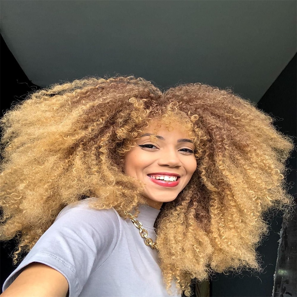 18 inch lange krullende pruik met pony voor zwarte vrouwen afro bom kinky krullende pruik pluizig en zacht synthetisch haar 2025 - $24.99 –P8