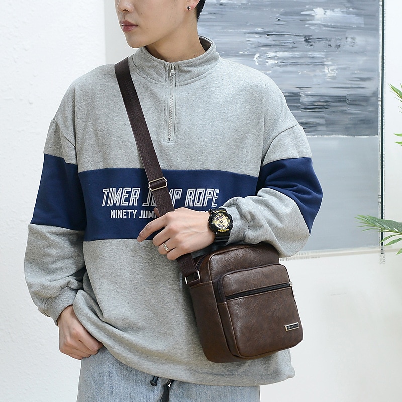 Men's Crossbody Bag Shoulder Bag Satchel PU Leather Outdoor Daily Holiday Buttons Zipper Large Capacity Waterproof Lightweight Solid Color Yellow brown Black Brown 2025 - $18.99 –P2