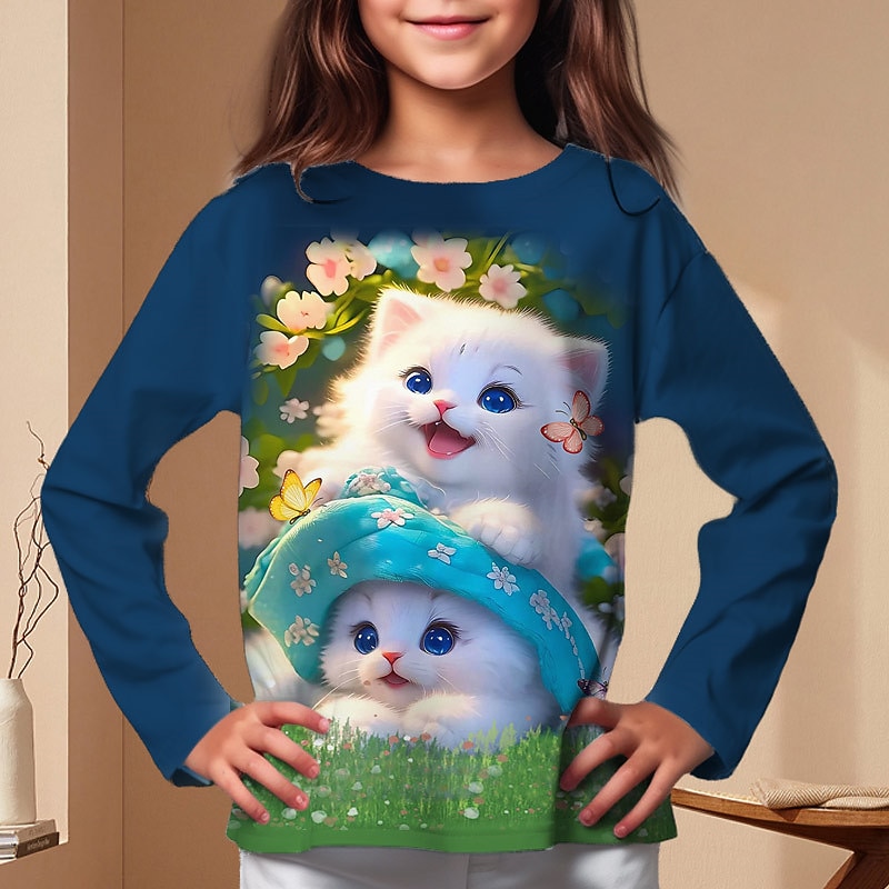 Flickor 3D Grafisk Tecknat Katt T-shirt Långärmad 3D-tryck Höst Vinter Aktiv Mode söt stil Polyester Barn 3-12 år Utomhus Ledigt Dagligen Normal 2025 - $12.99 –P2