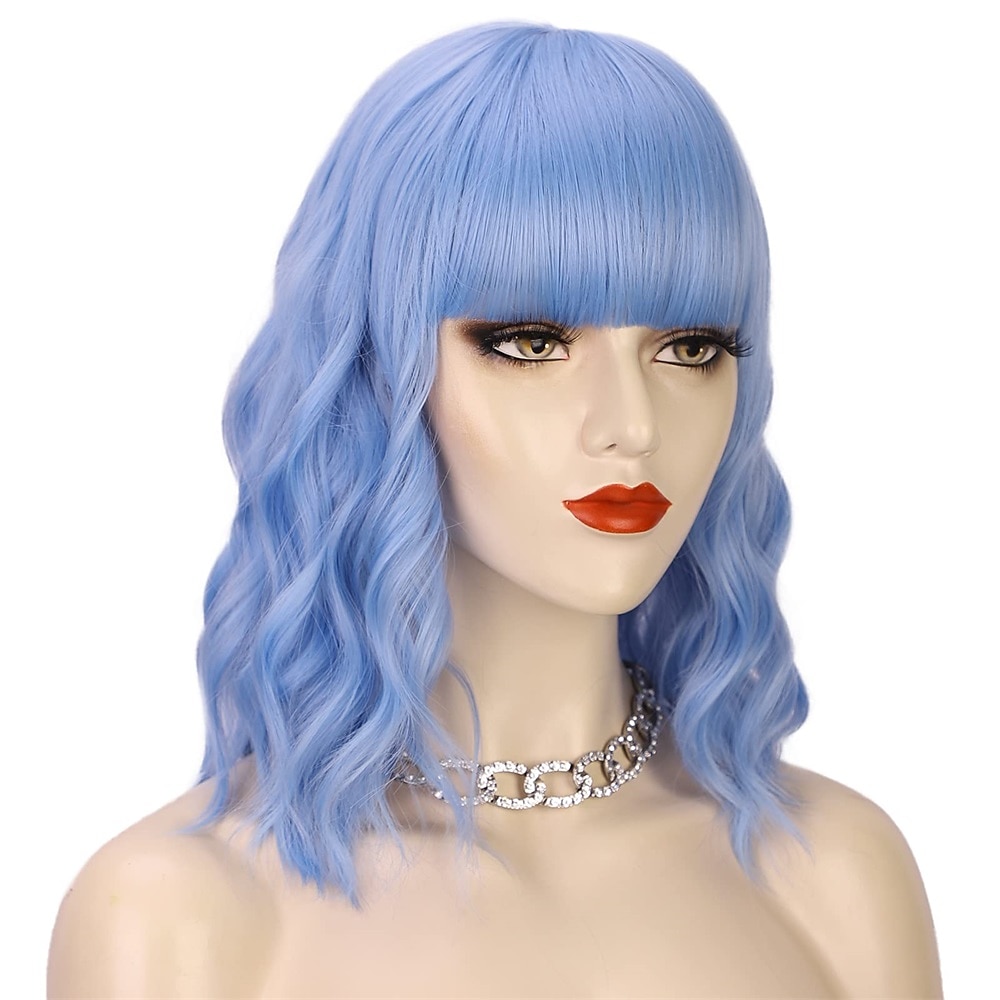 hete roze pruik met pony korte bob golvend krullend pruik schouderlengte hete roze pruiken voor vrouwen synthetisch haar kleurrijke pruik voor halloween kostuum cosplay 14 inch 2025 - $20.99 –P17