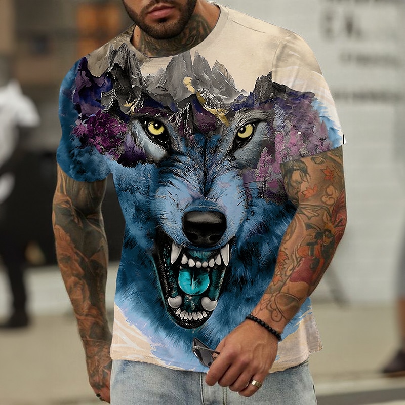 Hombre Animal Lobo Camiseta Camisetas gráficas Manga Corta Camiseta Impresión 3D Cuello Barco Camisa Design Casual Exterior Diario Vacaciones Azul Piscina Marrón Gris Primavera verano Ropa S M L XL 2025 - $17.99 –P3