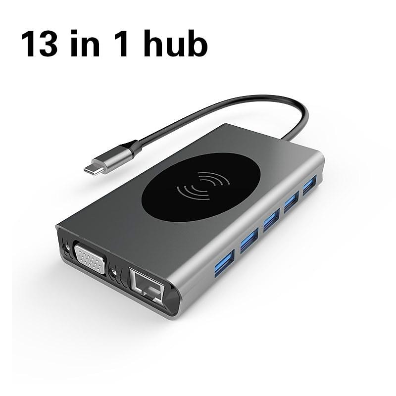 13 IN 1 USB C HUB Adapter with Wireless Charging USB C To HDMI 3.5mm Jack Audio SD TF HDMI VGA RJ45 USB3.0 Docking Station for MacbookPRO 2025 - $68.99 –P10