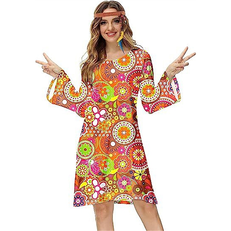 Hippie 1970er Disko Kleid Cosplay Kostüm Stirnband Trompetenärmel Hippie Disco Damen Mädchen Halloween Karneval Maskerade Party-Abendmode Pride Parade Pride-Monat Erwachsene Kleid Stirnband Frühling 2025 - €20.99 –P8