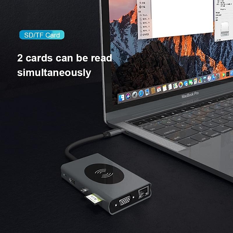 13 IN 1 USB C HUB Adapter with Wireless Charging USB C To HDMI 3.5mm Jack Audio SD TF HDMI VGA RJ45 USB3.0 Docking Station for MacbookPRO 2025 - $68.99 –P4