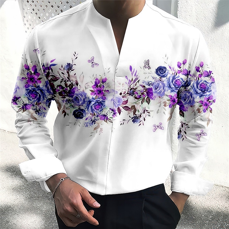 Herre Blomstret Skjorte Skjorte med knapper Langermet Mote Gatemote Designer utendørs Avslappet Daglig Sommer Høst V-hals Trykt mønster Gul Rød Blå Lilla Grønn 2025 - $25.99 –P5