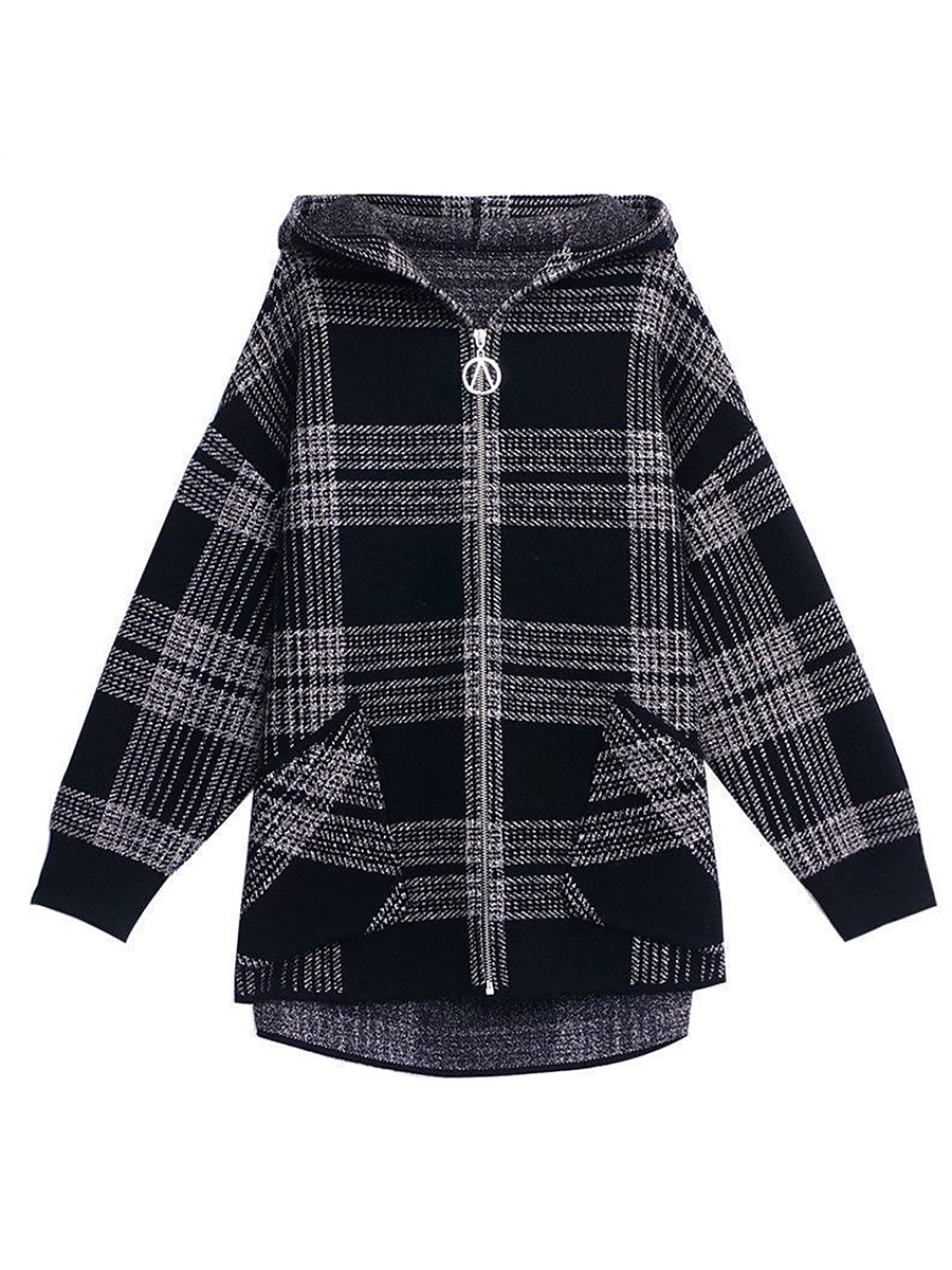 Women's Hoodie Jacket Fall Zip up Sweatshirt Drawstring Sweatshirt Winter Cropped Coat Windproof Warm Casual Jacket Long Sleeve Plaid with Pockets Black 2023 - US $29.99 –P5