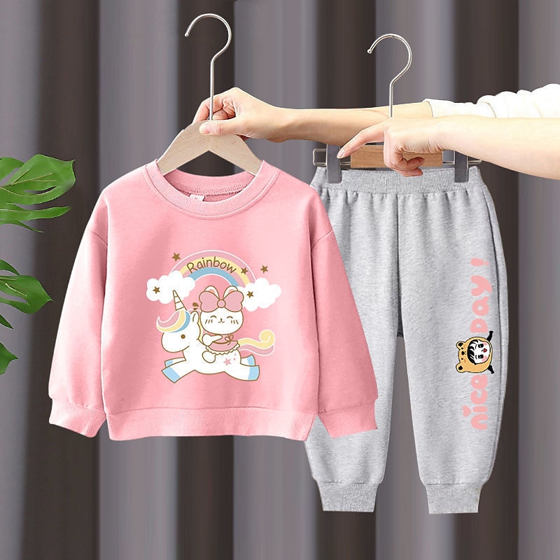 2 Stück Kinder Mädchen Regenbogen Rundhalsausschnitt Hoodie- und Jogginghosen-Set einstellen Langarm Aktiv Outdoor Baumwolle 3-7 Jahre Frühling Schwarzer Einhornpullover + schöne schwarze Hose 2025 - $16.99 –P1