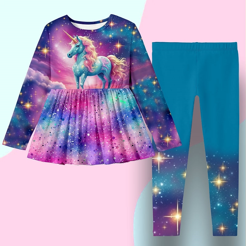 Da ragazza 3D Pop art Cielo stellato Unicorno T-shirt e pantaloni Vestiti Completo Manica lunga Stampa 3D Primavera Autunno Inverno Attivo Di tendenza Giornaliero Bambino 3-12 anni Esterno Da mare del 2025 a $19.49 -P5