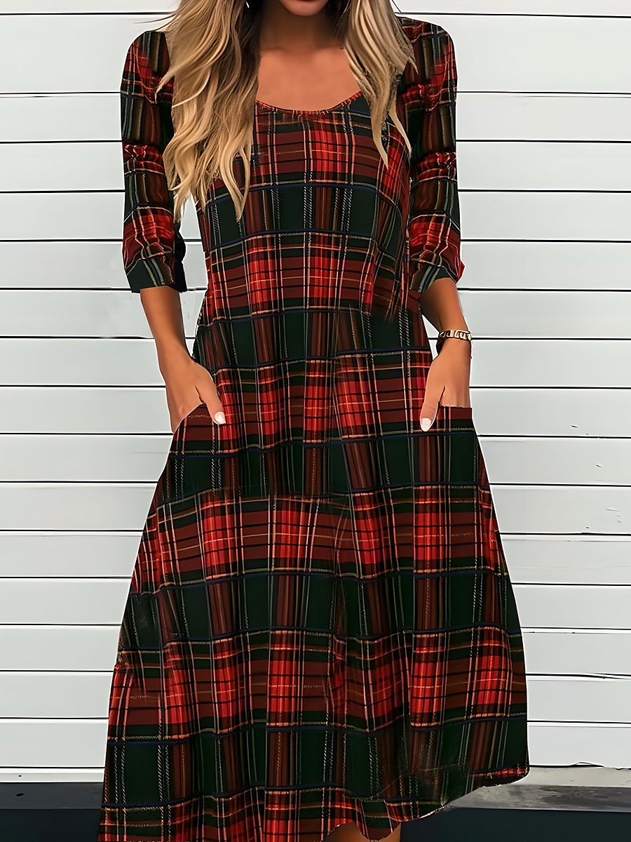 Robe Midi Femme Robe Décontractée Robe d'hiver Robe Fourreau Mode Modeste Formelle Plein Air Maison Coupe Laisse Carreaux Manches Longues Col Ronde Noir Rouge Vin Automne Hiver de 2025 ? $36.99 –P1