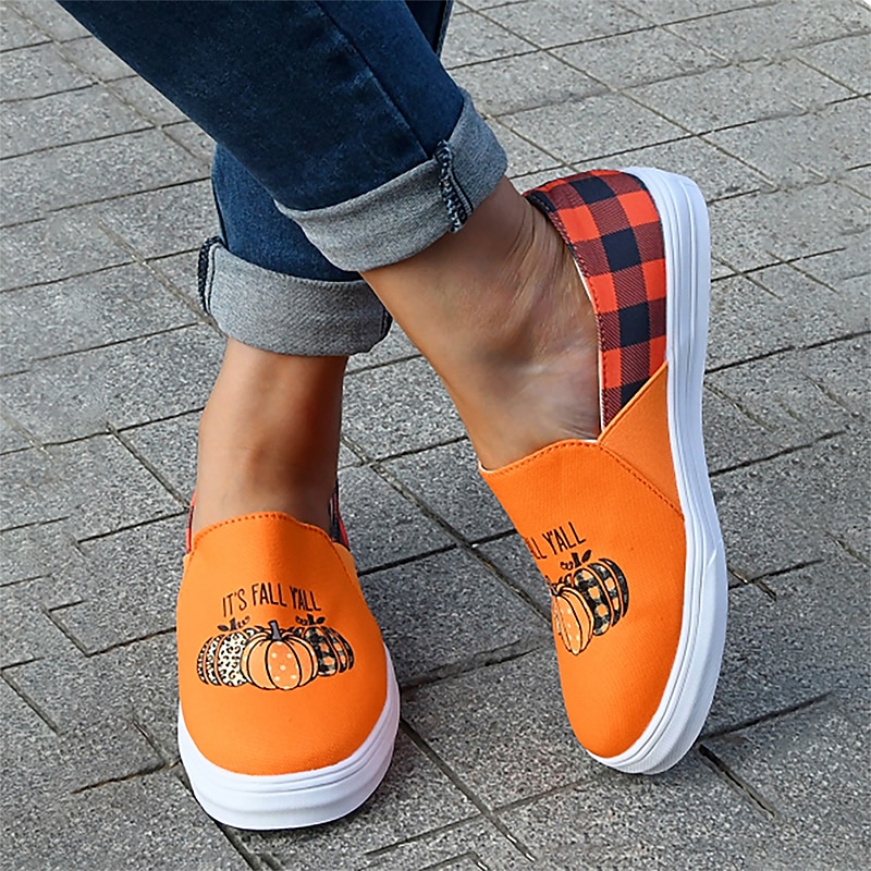 dámské halloween dýňové slip-on boty - pohodlné plátěné tenisky s potiskem jack-o'-lantern, ideální pro běžné nošení a halloween party 2025 - $26.99 –P3
