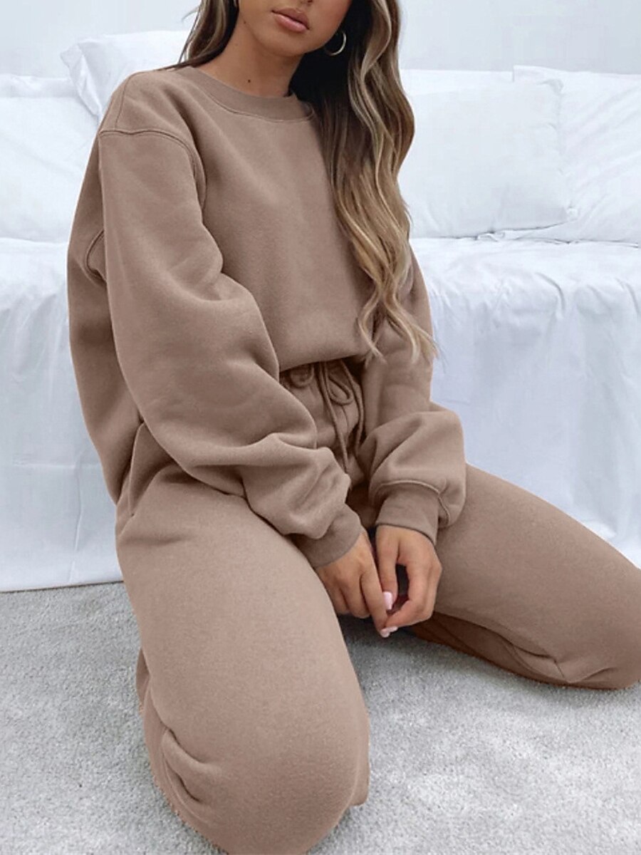 Women's Pink Lounge Sets 2 Pieces Sweatshirt and Joggers Pure Color Fashion  Casual Comfort Street Daily Date Polyester Warm Crew Neck Long Sleeve Pant Fall  Winter Black White 2024 - $33.99