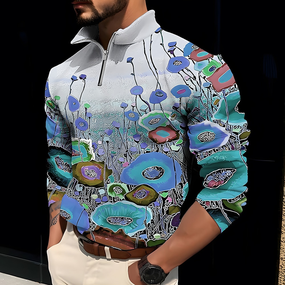 Per uomo Floreale Stampe astratte POLO Polo con zip Camicia da golf Golf Manica lunga Camicia Colletto alla coreana Esterno Strada Giallo Rosa Blu Viola Verde Cerniera Stampa Abbigliamento Di del 2026 a $25.99 –P4