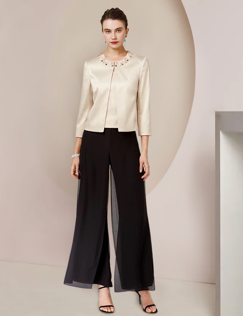 Jumpsuit / Pantsuit 3 Piece Mother of the Bride  Formal Wedding Guest Elegant Party Scoop Neck Floor Length Chiffon Satin Half Sleeve Wrap with Beading Split Front free custom size 2025 - $162.99 –P1