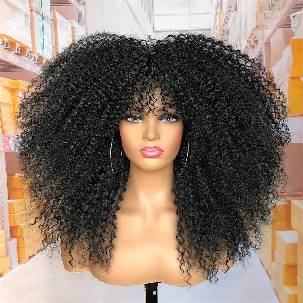 18 inch lange krullende pruik met pony voor zwarte vrouwen afro bom kinky krullende pruik pluizig en zacht synthetisch haar 2025 - $24.99 –P1