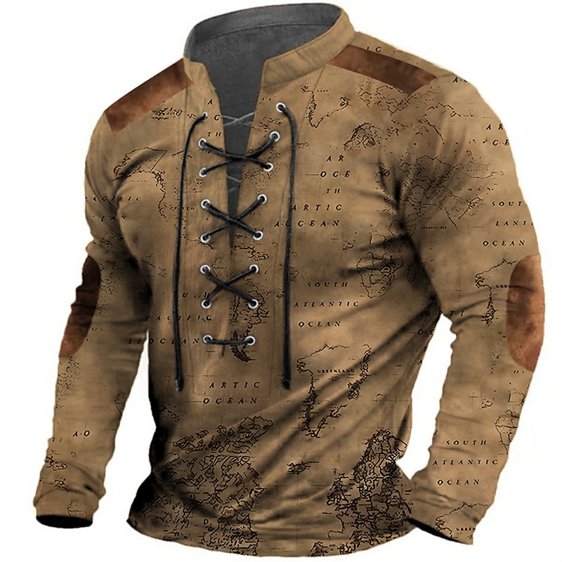 Bărbați Harta lumii Imprimeu Grafic Tricouri grafice Cămașă de epocă Manșon Lung Tricou Cămașă Modă Designer Casual În aer liber Vacanță Purtare Zilnică Negru Maro Trifoi Primăvara & toamnă 2025 - $22.99 –P1