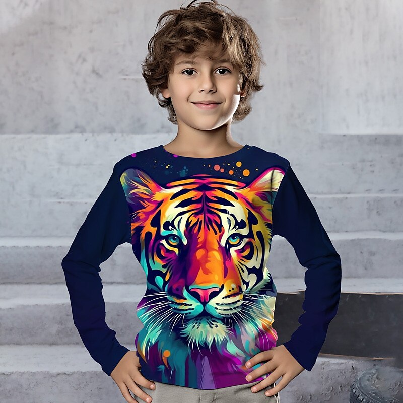 Pojkar 3D Grafisk Djur Tiger T-shirt Långärmad 3D-tryck Sommar Vår Höst Sport Mode Streetwear Barn 3-12 år Utomhus Ledigt Dagligen Normal 2025 - $13.99 –P1