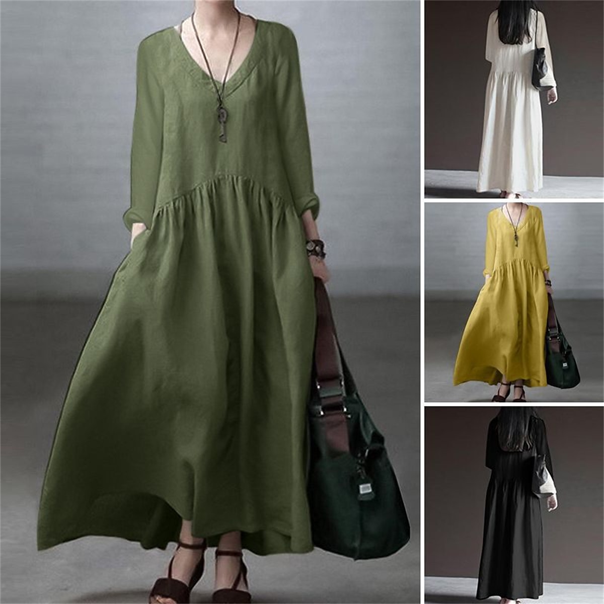 Pentru femei Verde Militar Negru Alb Primăvară Toamnă Iarnă Rochie Maxi Rochii de in bumbac Rochie casual Rochie din Bumbac De Bază Clasic Casual În aer liber Vacanță Zilnic Potrivire Largă Simplu În 2025 - $32.99 –P1