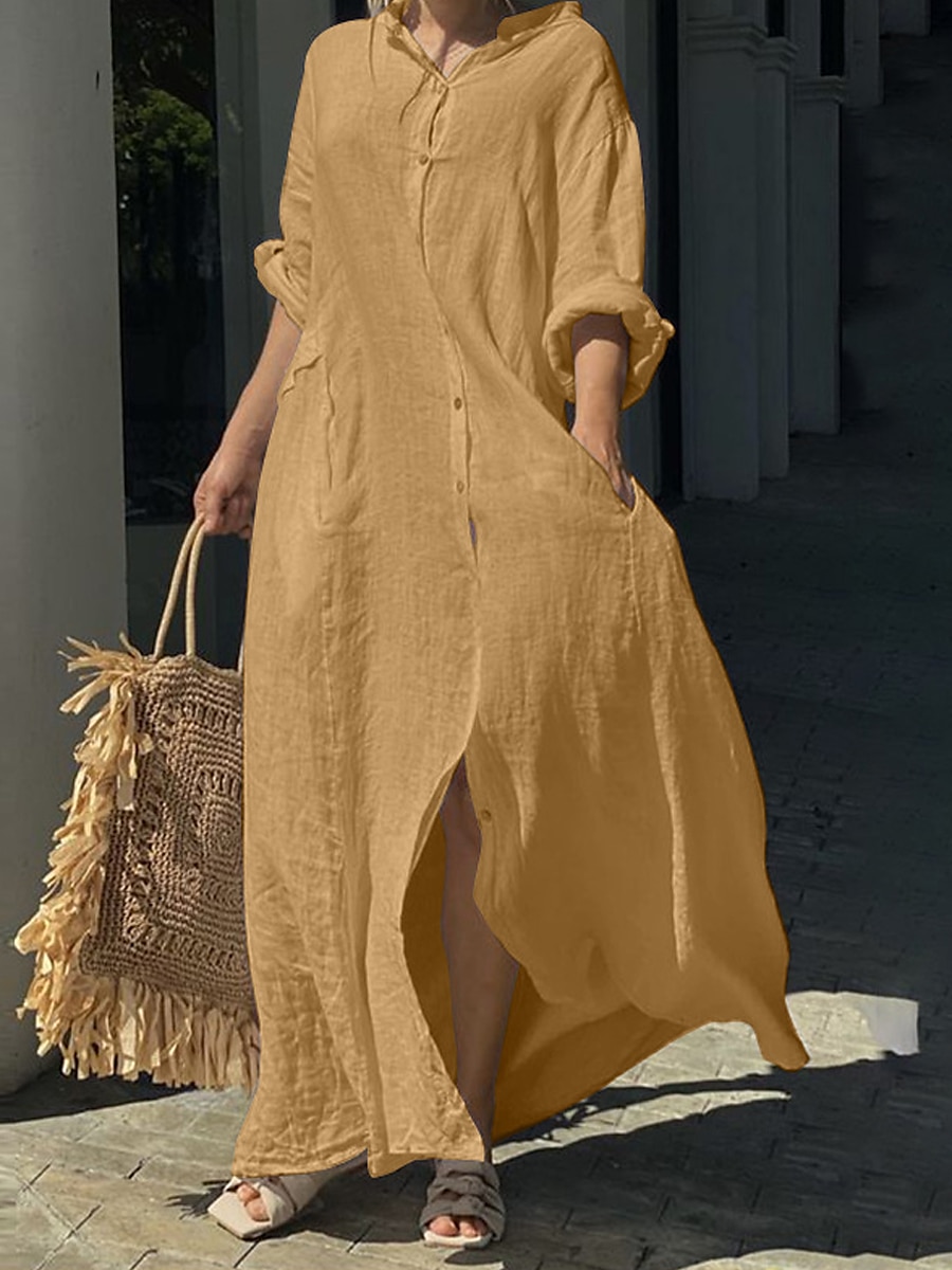 Femmes Noir Blanche Jaune Automne Robe Maxi Robe maxi Robes inspirées du lin Robe Blanche Robe noire Mode Quotidien Classique Extérieur Vacances Quotidien Coupe Ample Uni Col montant de 2025 ? $46.99 –P6