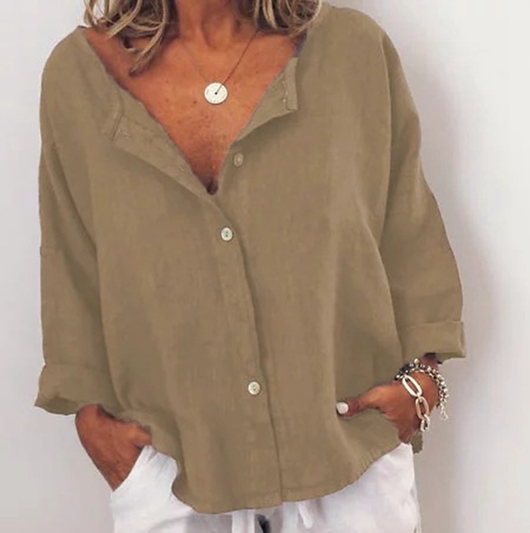 Women's Shirt Cotton Linen Shirts Button Up Blouse Plain Daily Basic Long Sleeve V Neck Regular Tops Casual Daily Buttons Army Green Red Blue Khaki Dark Gray Fall & Winter 2025 - $23.99 –P5