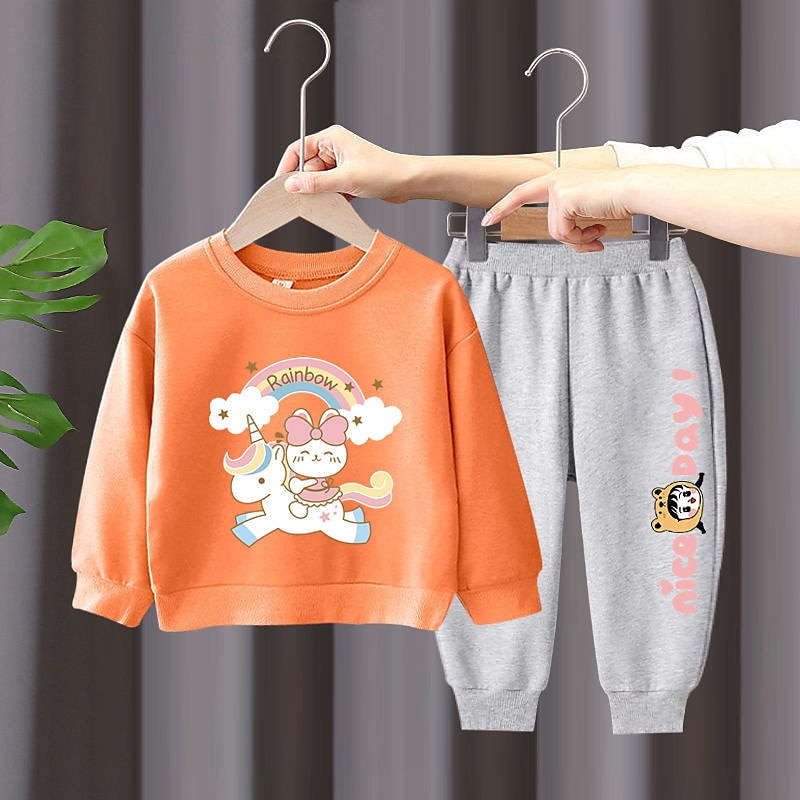 2 Stück Kinder Mädchen Regenbogen Rundhalsausschnitt Hoodie- und Jogginghosen-Set einstellen Langarm Aktiv Outdoor Baumwolle 3-7 Jahre Frühling Schwarzer Einhornpullover + schöne schwarze Hose 2025 - $16.99 –P9