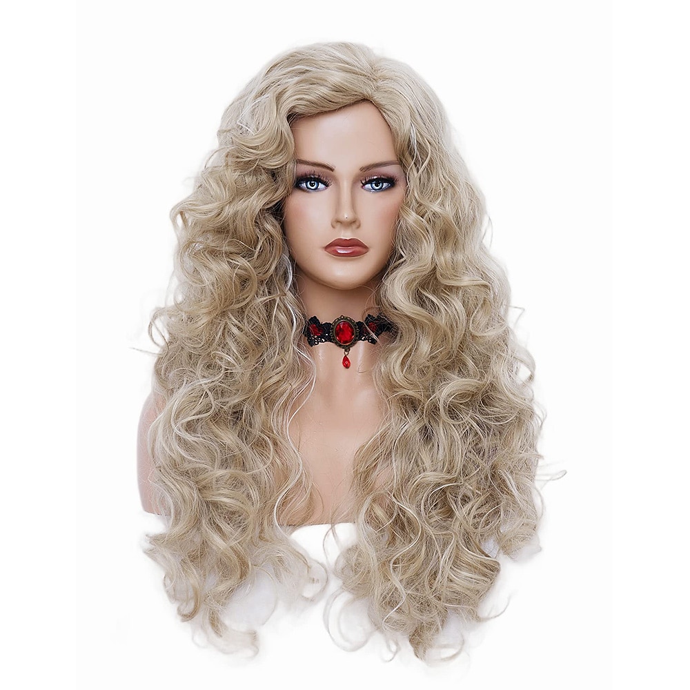 dlouhé vlnité paruky 28palcová přírodní béžová smíšená blond syntetická pernatá kudrnatá paruka pro ženy halloween cosplay party paruky 2025 - $23.99 –P2