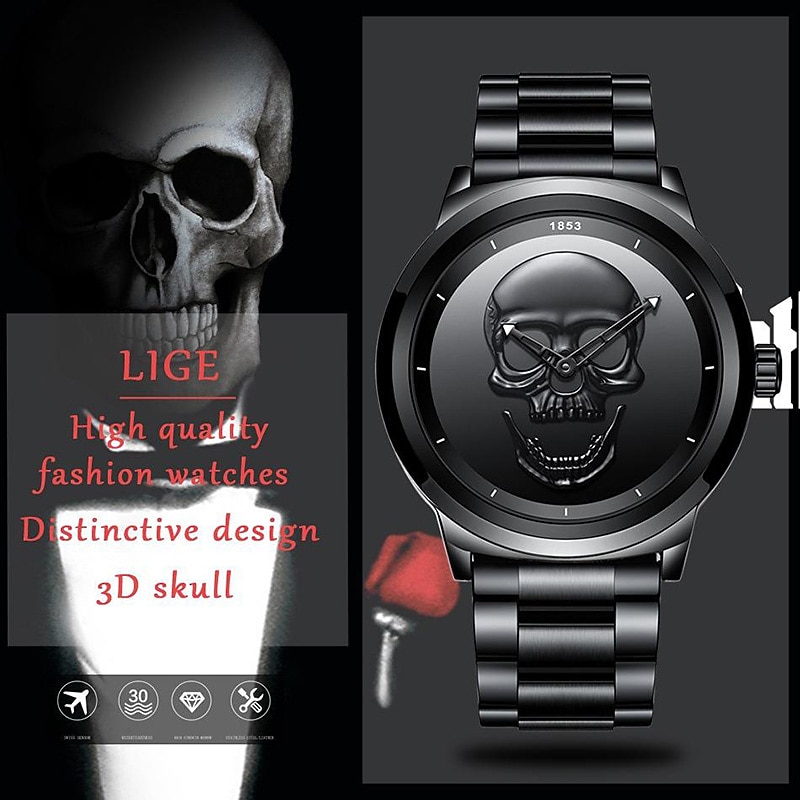 LIGE Heren Quartz Horloge 3D Skul Waterdicht Roestvrijstalen Sport Analoge Quartz Horloge Heren Polshorloge Cadeau met Doos 2026 - $45.99 –P4
