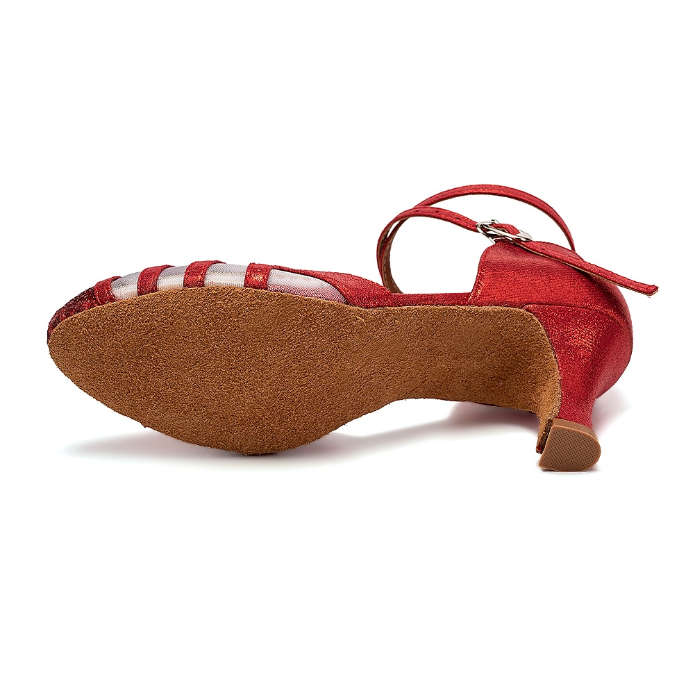 pantofi de dans latino cu sclipici roșii pentru damă – tocuri de sală cu bandă din plasă cu talpă de piele intoarsă pentru salsa și performanță 2025 - $32.99 –P4