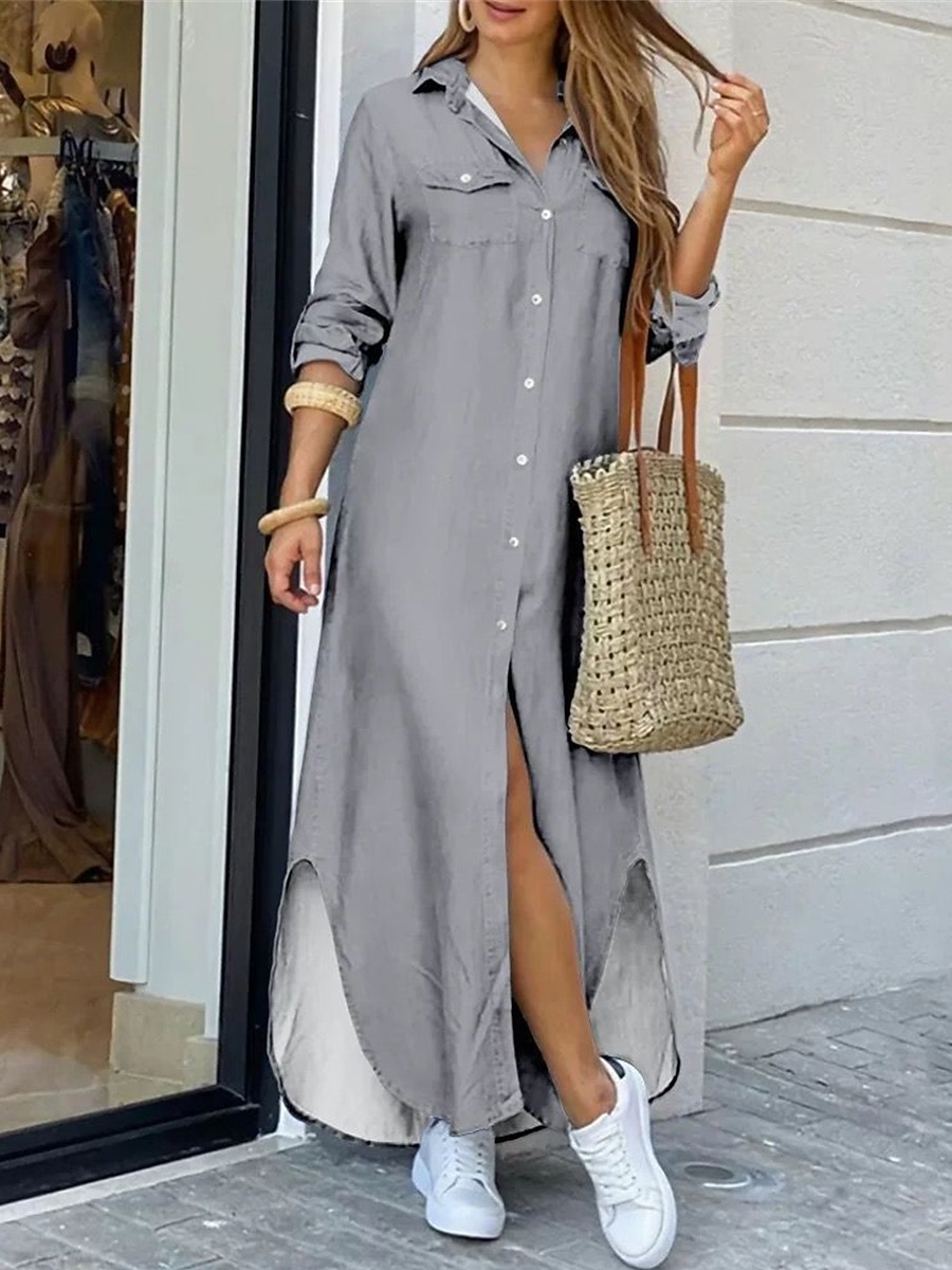 Vestido camisero para mujer, vestido casual, vestido largo maxi